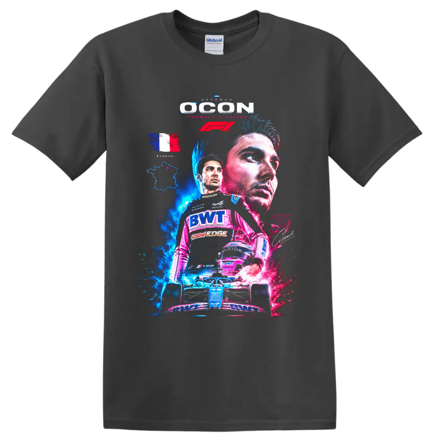Esteban Ocon Alpine Formula 1 collage with French flag, helmet, and race car on a Charcoal T Shirt
