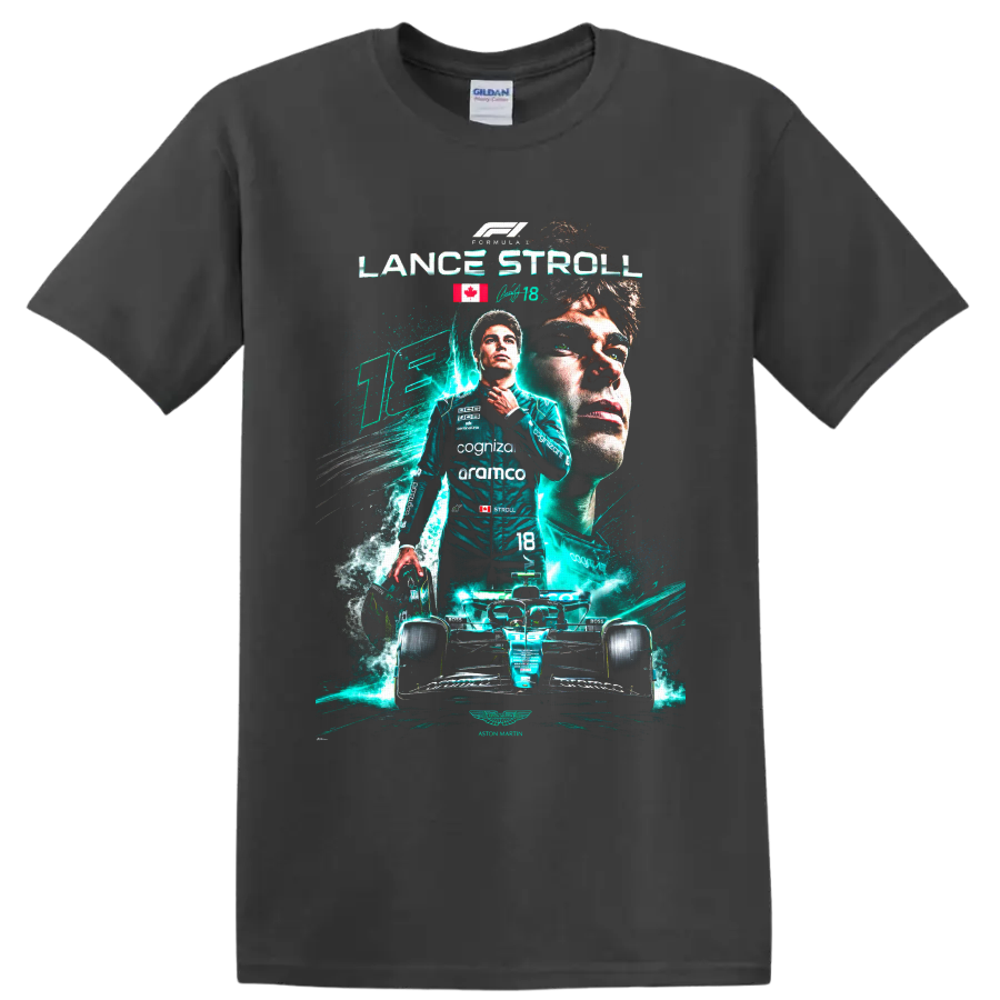 Lance Stroll Aston Martin Formula 1 driver collage with number 18 race car on a Charcoal T Shirt