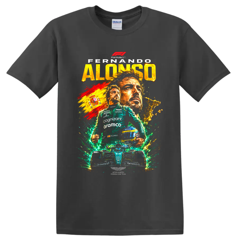 Fernando Alonso Aston Martin Formula 1 collage with number 14 car and Spanish flag on a Charcoal T Shirt