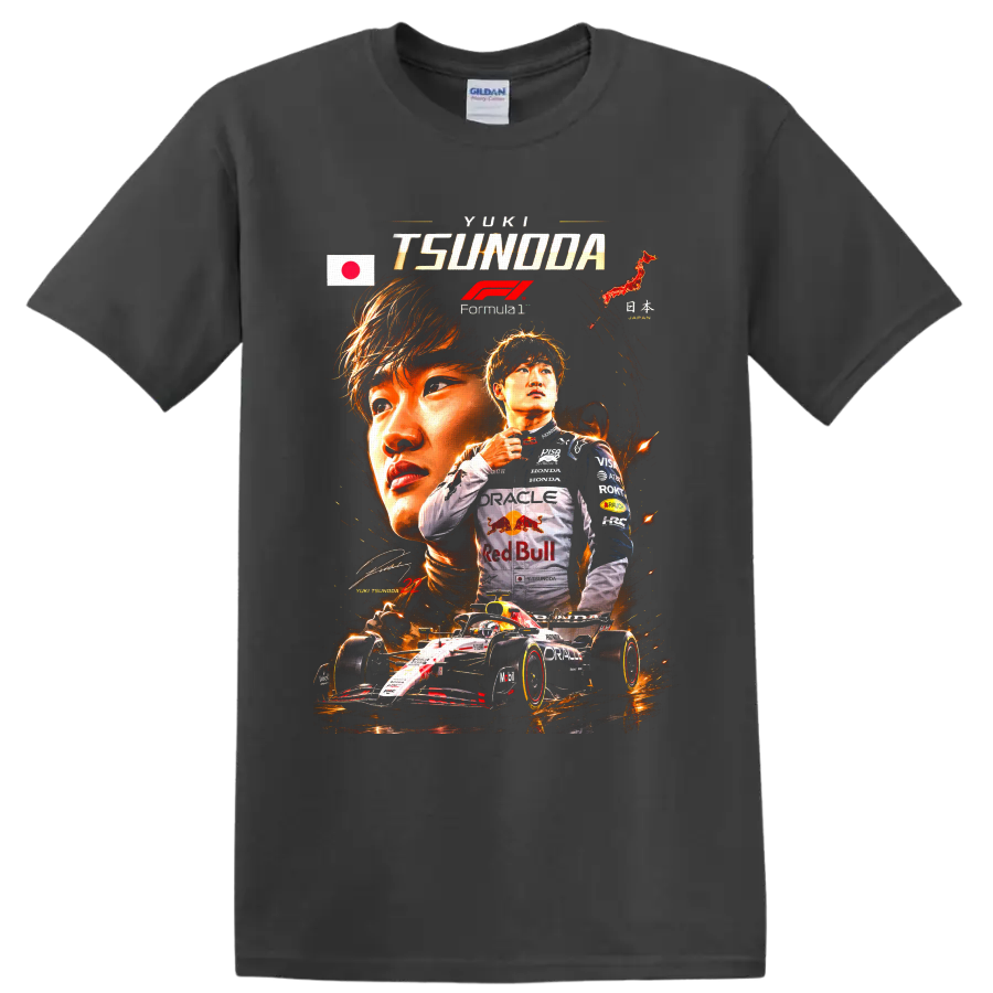 Yuki Tsunoda Formula 1 racing collage with Japanese flag, fiery portraits, and race car on a Charcoal T Shirt