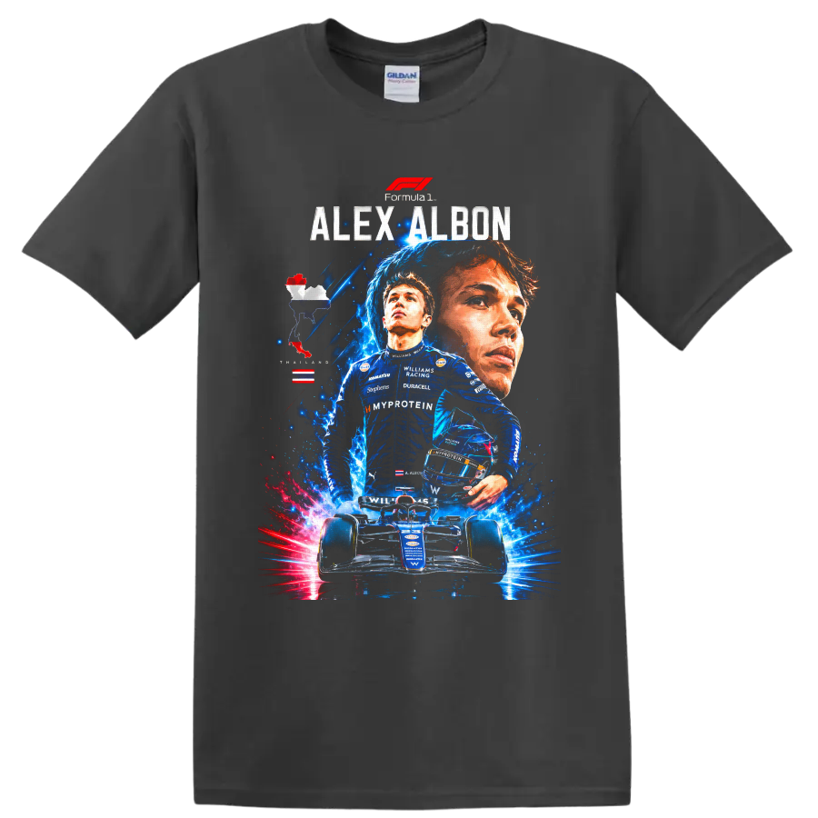 Alex Albon Williams Racing Formula 1 portrait, driver, helmet and race car graphic on a Charcoal T Shirt