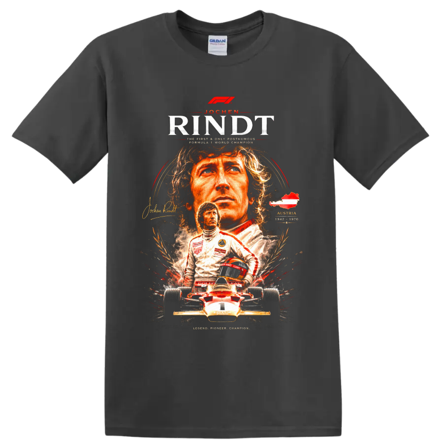 Jochen Rindt Team Lotus vintage Formula 1 portrait and race car graphic print on a Charcoal T Shirt