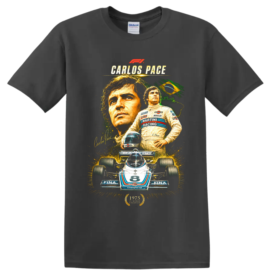 Carlos Pace portrait and Brabham Martini number 8 Formula 1 car collage on a Charcoal T Shirt