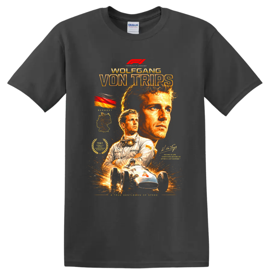 Wolfgang von Trips vintage racing portraits with German flag and open-wheel race car on a Charcoal T Shirt