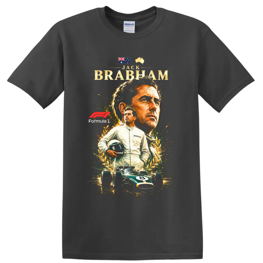 Jack Brabham Formula 1 tribute with Australian symbols, laurel art and vintage race car on a Charcoal T Shirt