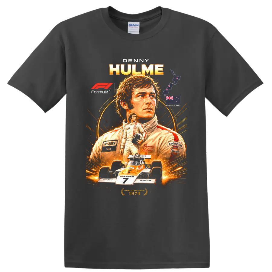 Denny Hulme Formula 1 portrait with McLaren race car and New Zealand flag artwork on a Charcoal T Shirt