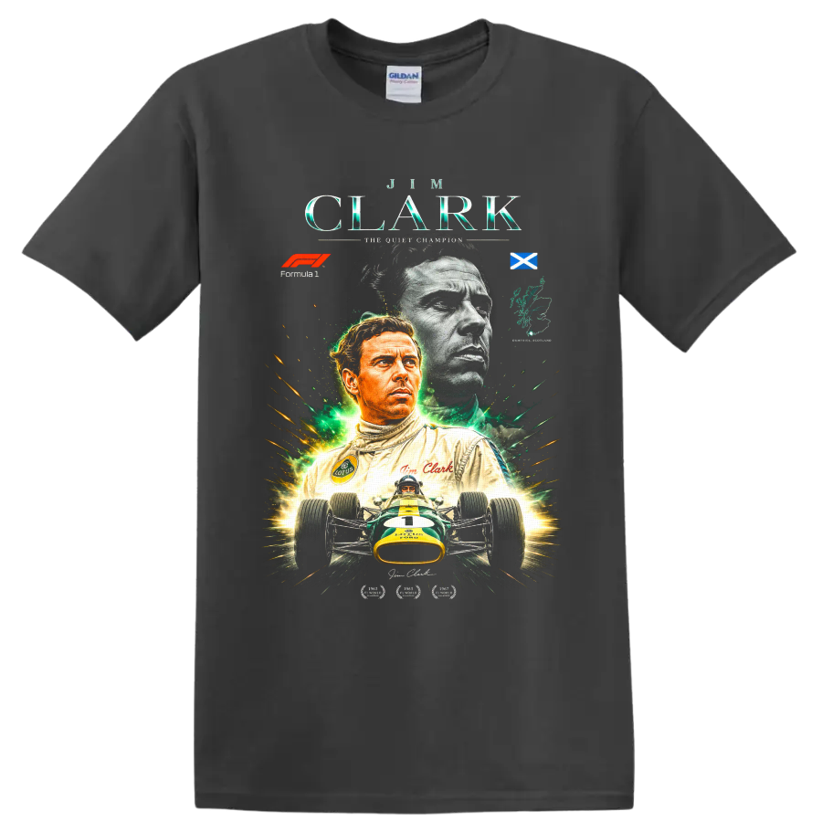 Jim Clark Lotus Formula 1 tribute with Scottish flag, portraits, and vintage race car on a Charcoal T Shirt