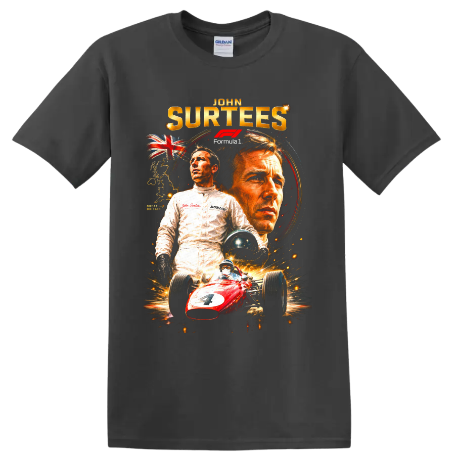 John Surtees Formula 1 collage with portraits, Union Jack, helmet, and red number 7 car on a Charcoal T Shirt