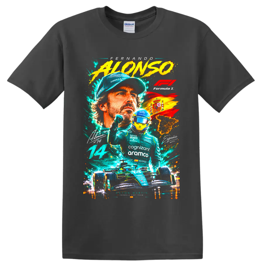 Fernando Alonso Formula 1 racing collage with Aston Martin car, helmet, number 14 and on a Charcoal T Shirt