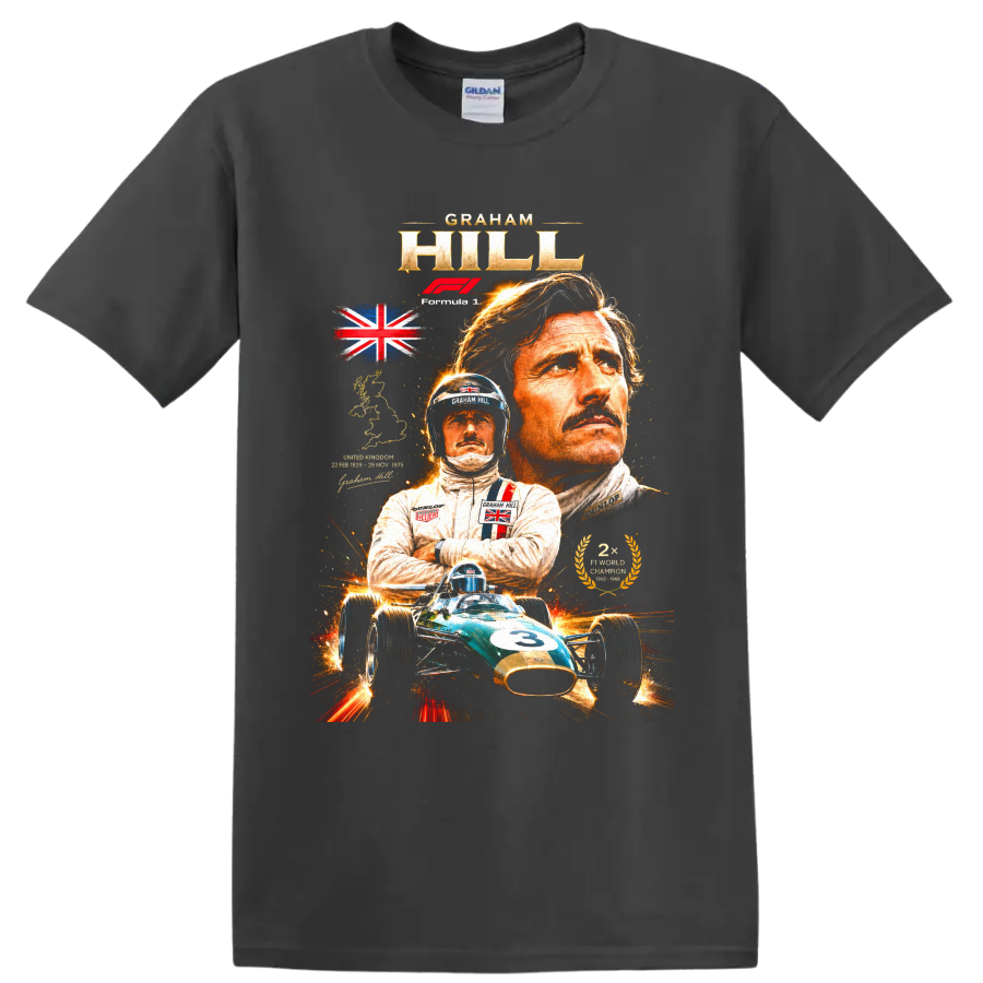 Graham Hill portrait and vintage number 3 Formula 1 car British racing tribute on a Charcoal T Shirt