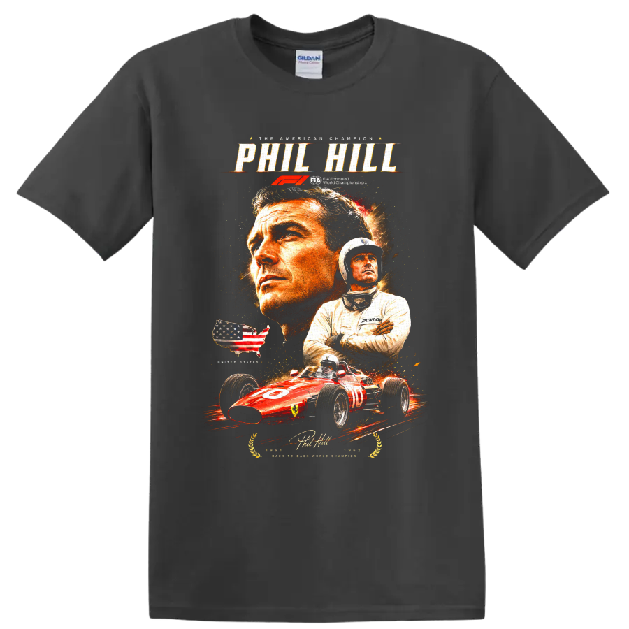 Phil Hill portraits and 1961 Ferrari race car American Champion graphic on a Charcoal T Shirt
