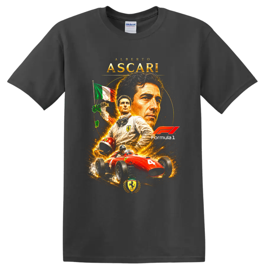 Alberto Ascari Ferrari Formula 1 portrait with red number 4 vintage race car on a Charcoal T Shirt
