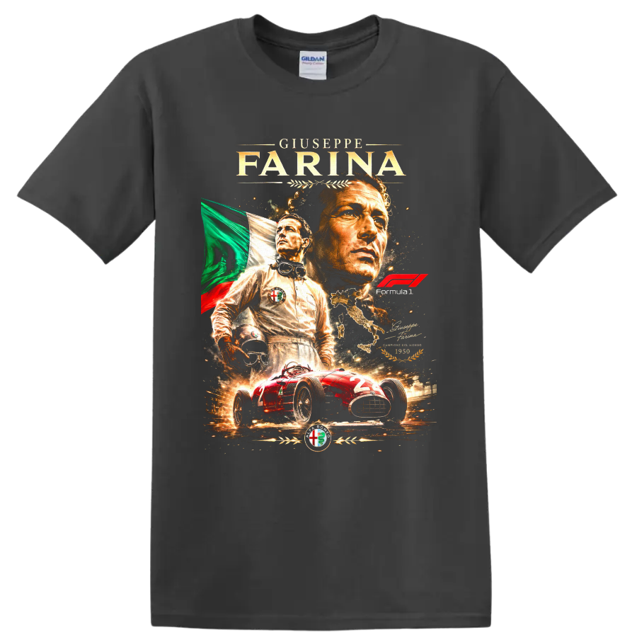 Giuseppe Farina vintage Formula 1 portrait with Alfa Romeo race car and Italian flag on a Charcoal T Shirt