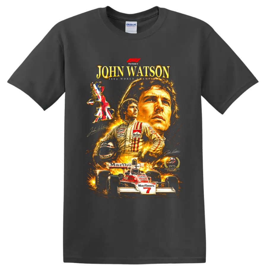 John Watson McLaren Formula 1 portrait collage with British map and number 7 race car on a Charcoal T Shirt