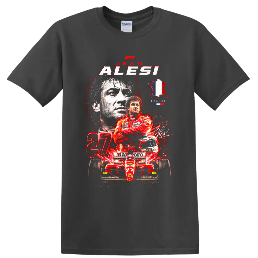 Jean Alesi Ferrari Formula 1 portrait, red number 27 car, and France graphic on a Charcoal T Shirt