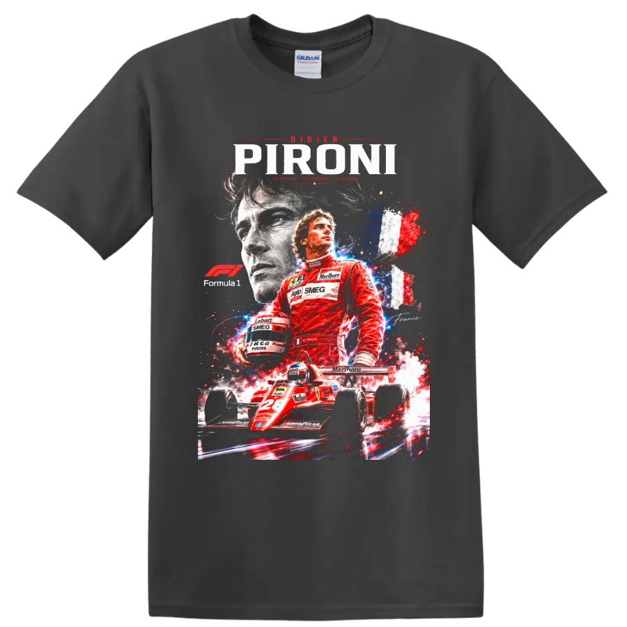 Didier Pironi Ferrari No. 28 Formula 1 collage with French tricolor racing art on a Charcoal T Shirt