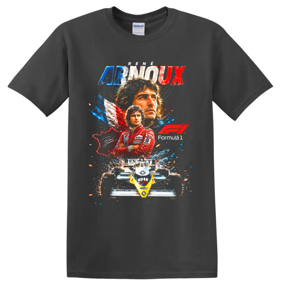 René Arnoux Renault Formula 1 retro collage with driver portraits and No. 16 race car on a Charcoal T Shirt