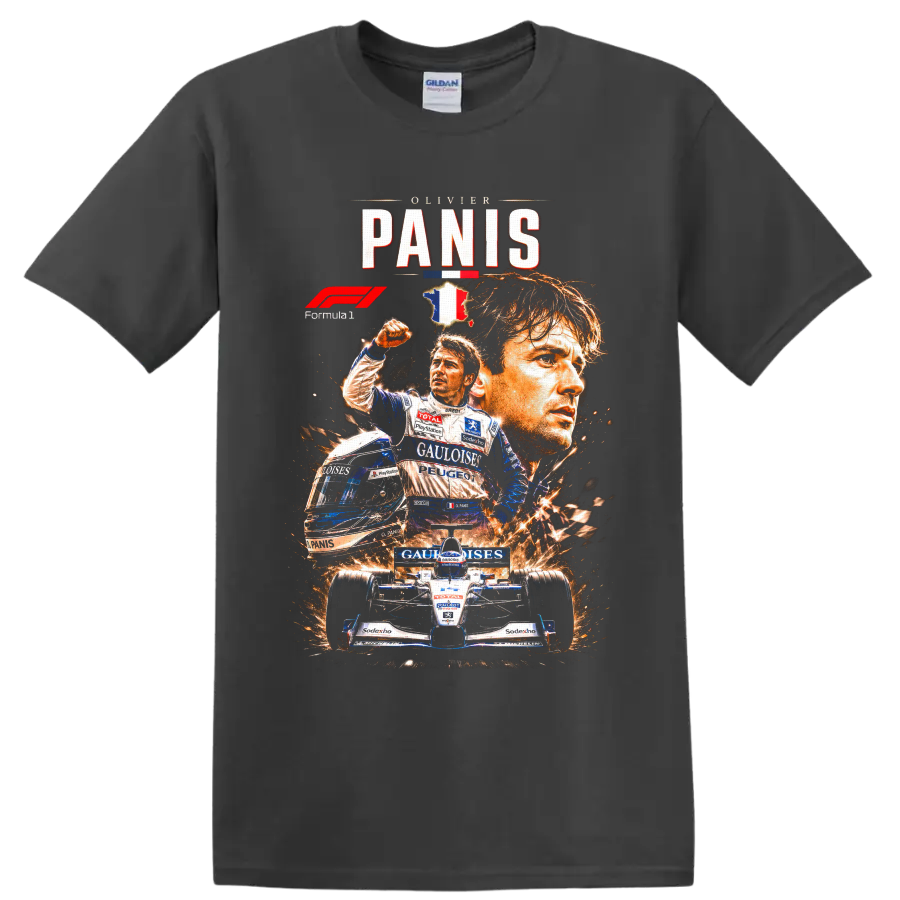 Olivier Panis Ligier Formula 1 portrait collage with French racing car and sparks on a Charcoal T Shirt