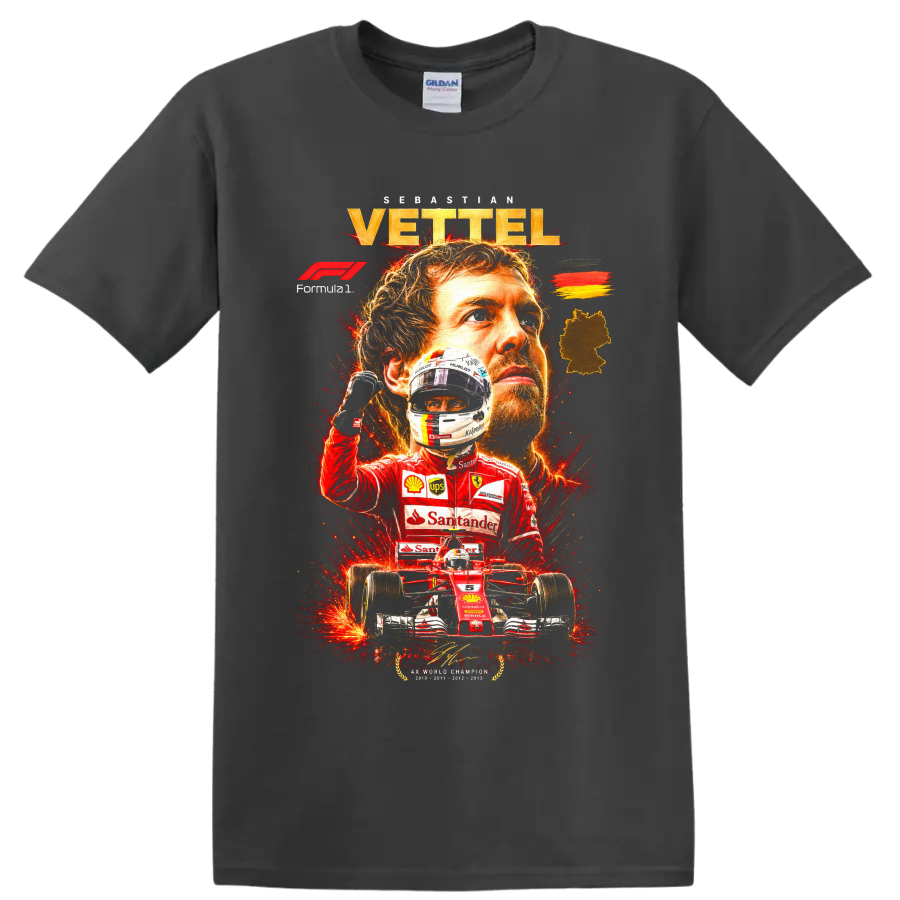 Sebastian Vettel Ferrari Formula 1 portrait, helmet, and red race car graphic on a Charcoal T Shirt