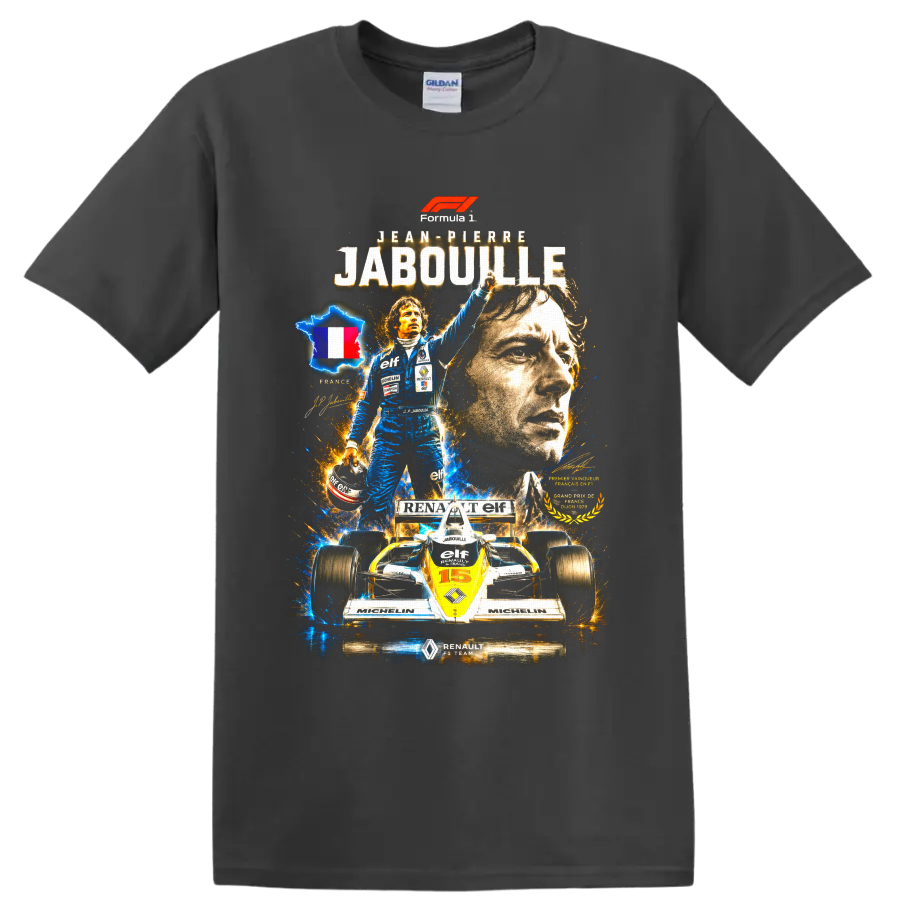 Jean-Pierre Jabouille Renault Formula 1 vintage racing collage with No. 15 car on a Charcoal T Shirt