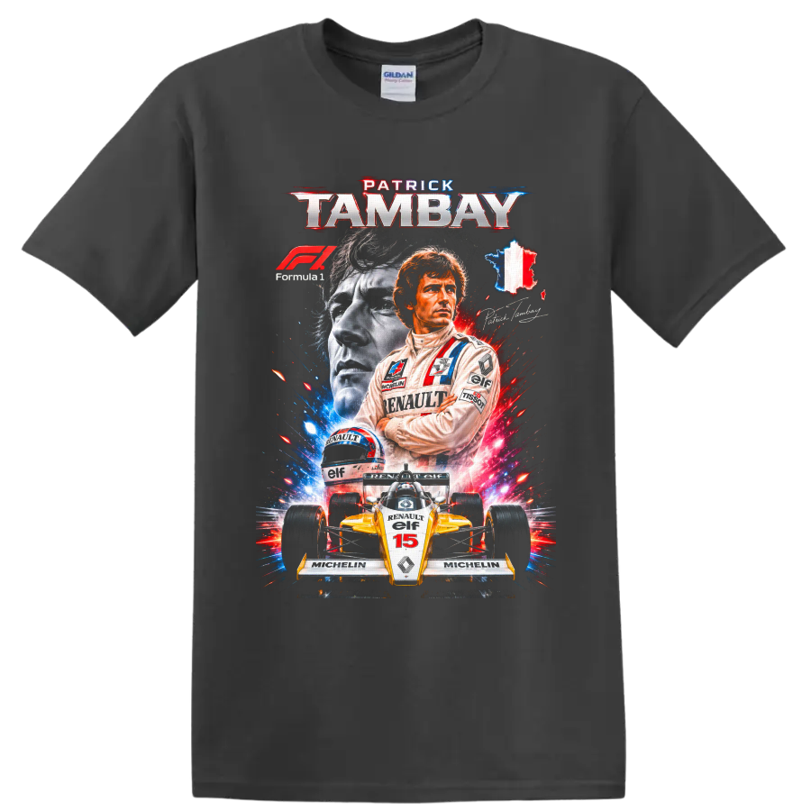 Patrick Tambay Renault Formula 1 portrait, helmet, and number 15 race car graphic on a Charcoal T Shirt