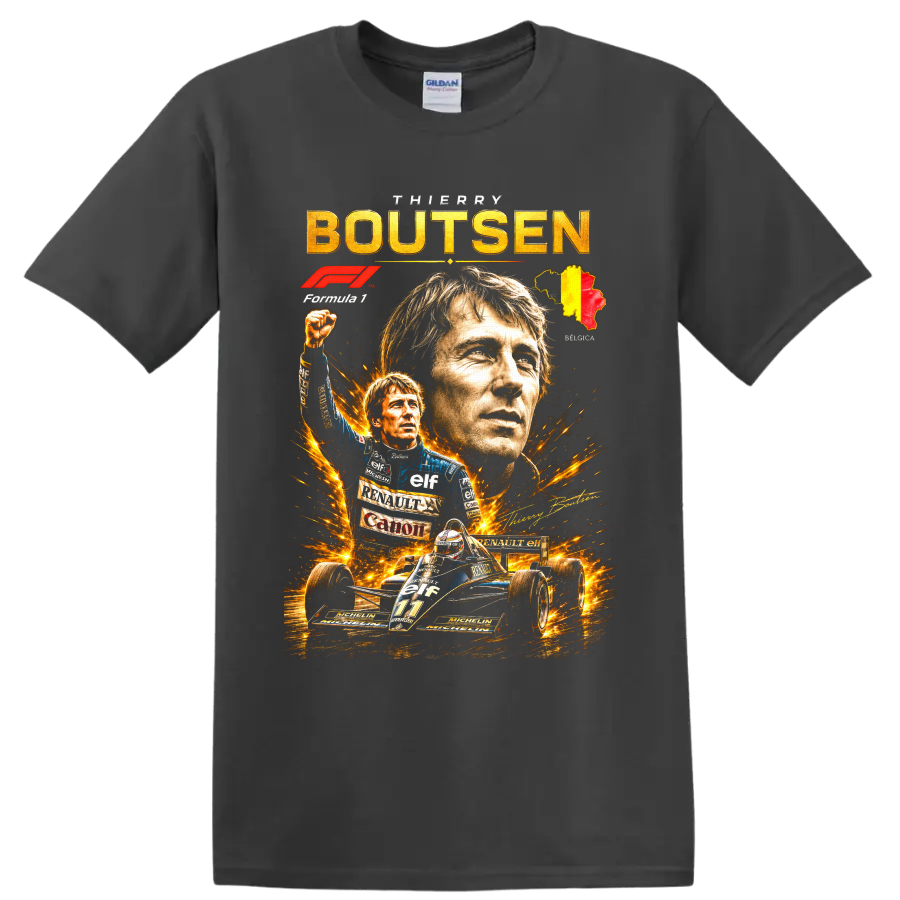 Thierry Boutsen Formula 1 portrait collage with Renault number 11 car and Belgian map on a Charcoal T Shirt