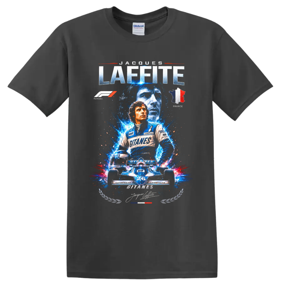 Jacques Laffite Ligier Formula 1 racing art with number 26 car and French tricolor on a Charcoal T Shirt
