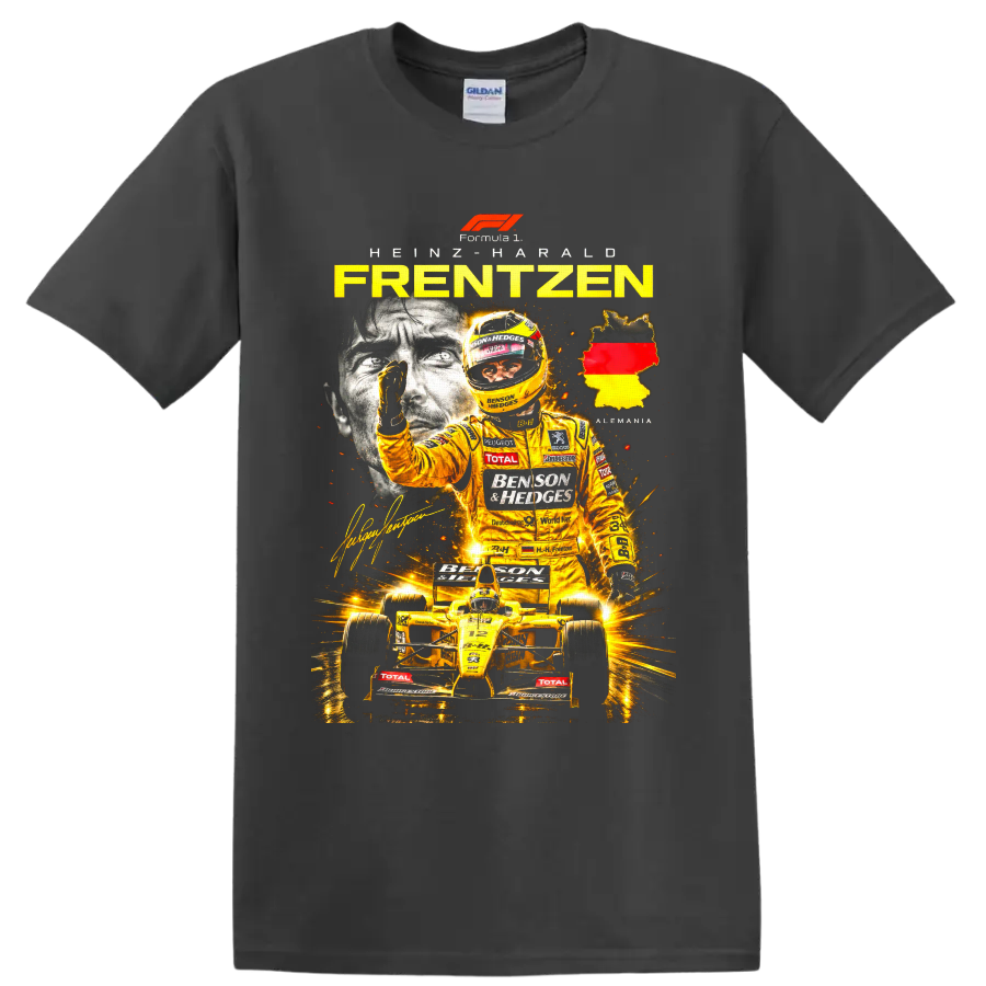 Heinz-Harald Frentzen Jordan Formula 1 yellow racing collage with Germany map on a Charcoal T Shirt