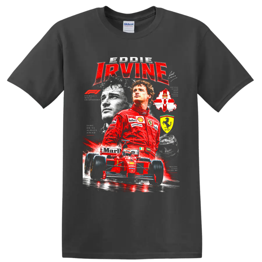 Eddie Irvine Ferrari Formula 1 collage with red race car, helmet, and Northern Ireland on a Charcoal T Shirt