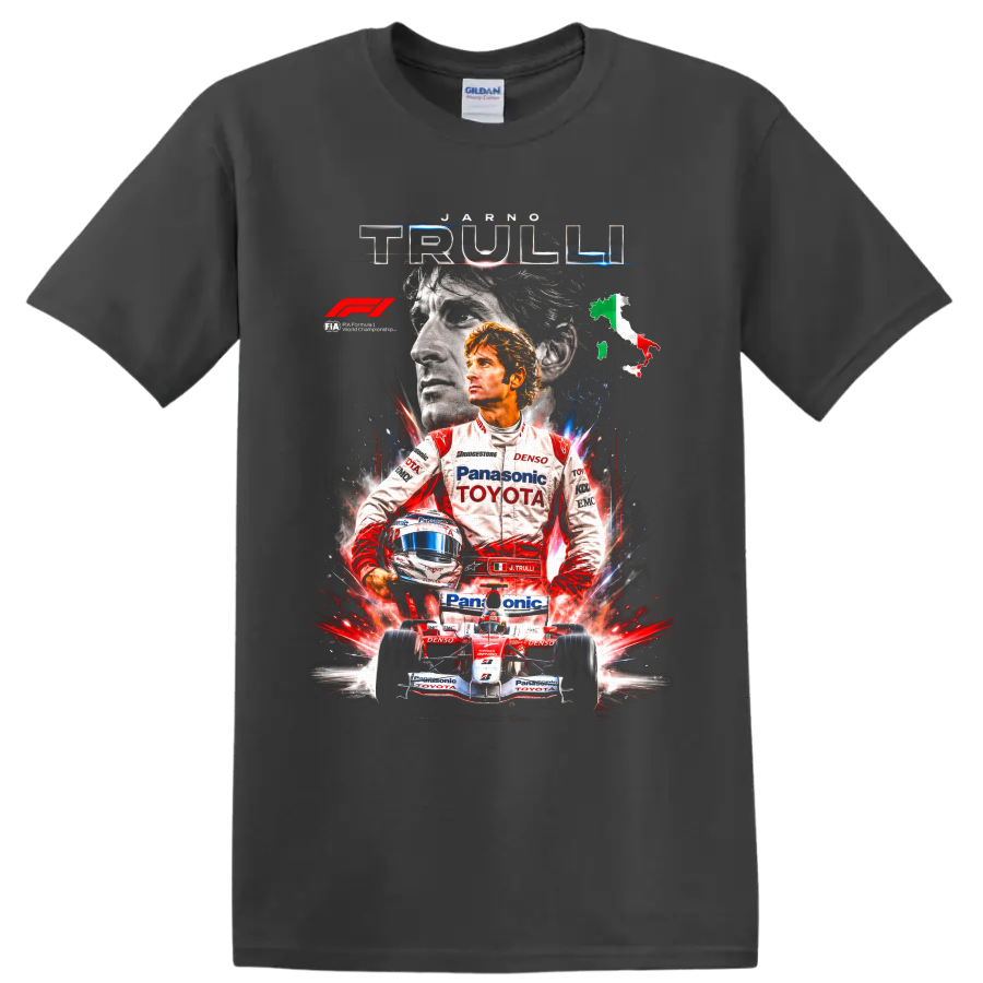 Jarno Trulli Toyota Formula 1 portrait with helmet, race car, and Italian map on a Charcoal T Shirt