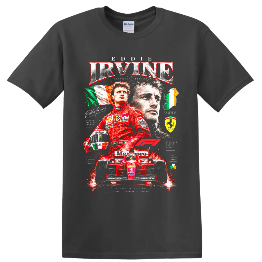 Eddie Irvine Ferrari Formula 1 collage with red race car, helmet, and Irish flags on a Charcoal T Shirt