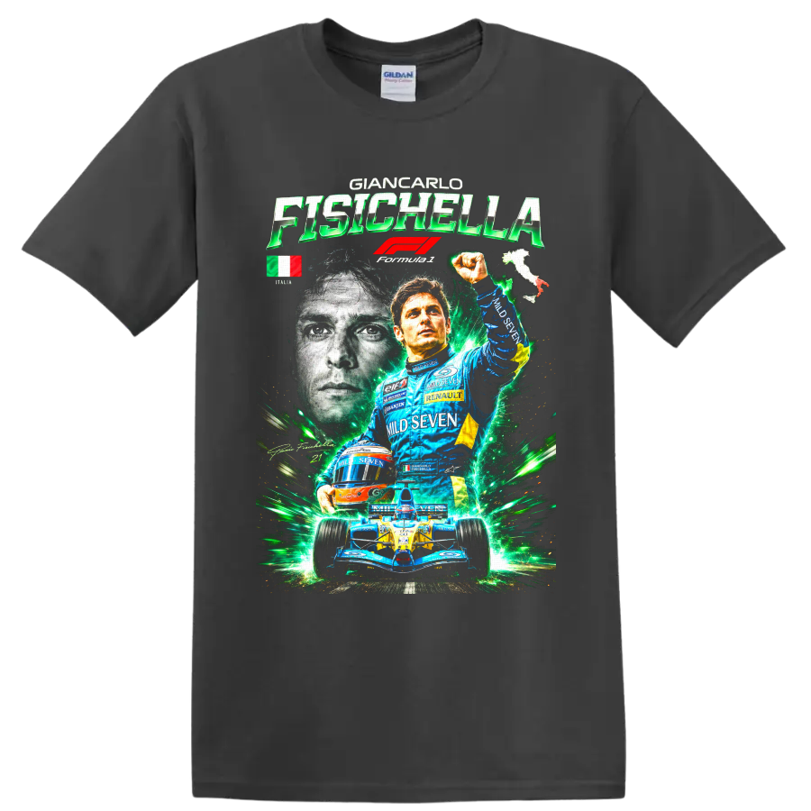 Giancarlo Fisichella Renault Formula 1 driver collage with race car and green energy on a Charcoal T Shirt