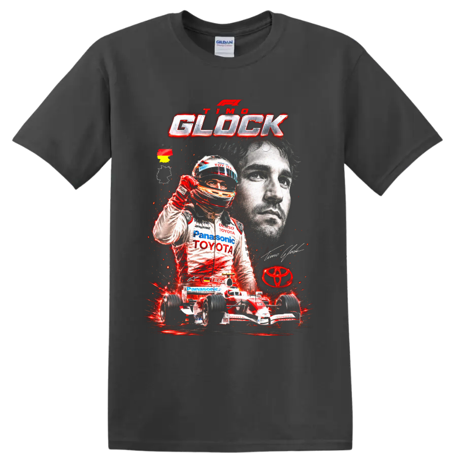 Timo Glock Toyota Formula 1 portrait, helmeted driver, and race car graphic on a Charcoal T Shirt