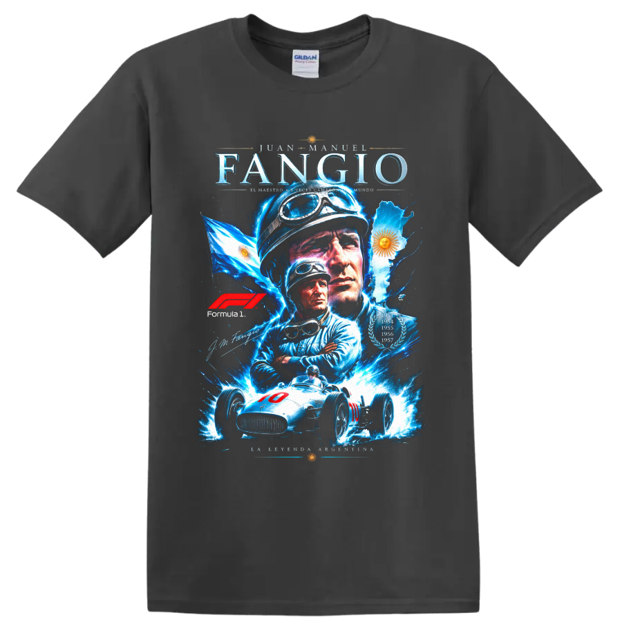 Juan Manuel Fangio portrait collage with vintage race car, Argentina flag, and laurels on a Charcoal T Shirt