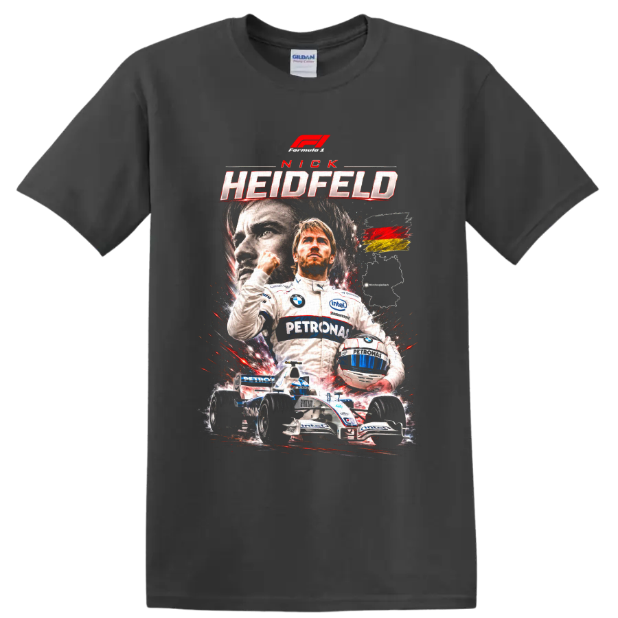 Nick Heidfeld BMW Sauber Formula 1 racing poster graphic with helmet and race car on a Charcoal T Shirt