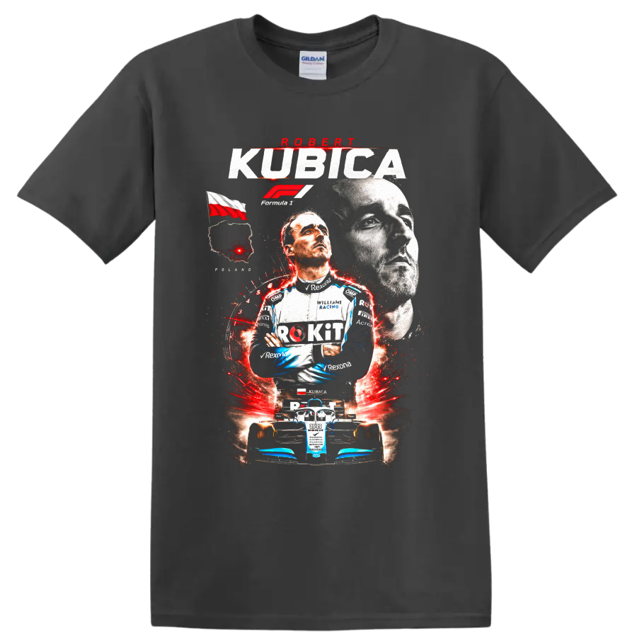 Robert Kubica Williams Racing Formula 1 portrait and race car graphic print on a Charcoal T Shirt