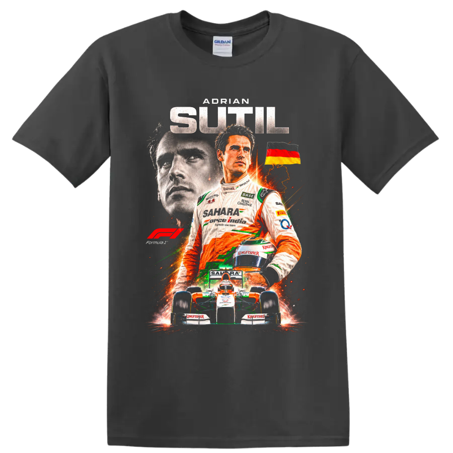 Adrian Sutil Sahara Force India Formula 1 driver collage with German flag and race car on a Charcoal T Shirt