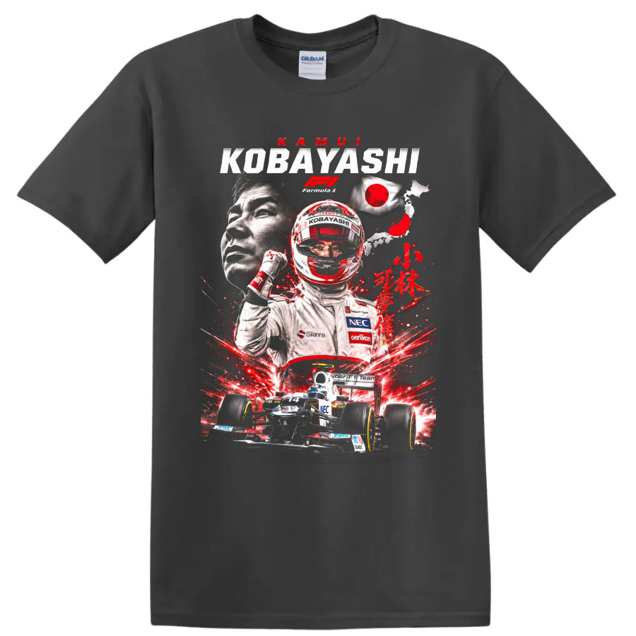 Kamui Kobayashi Sauber Formula 1 collage with helmet, No. 14 car, and Japan flag on a Charcoal T Shirt
