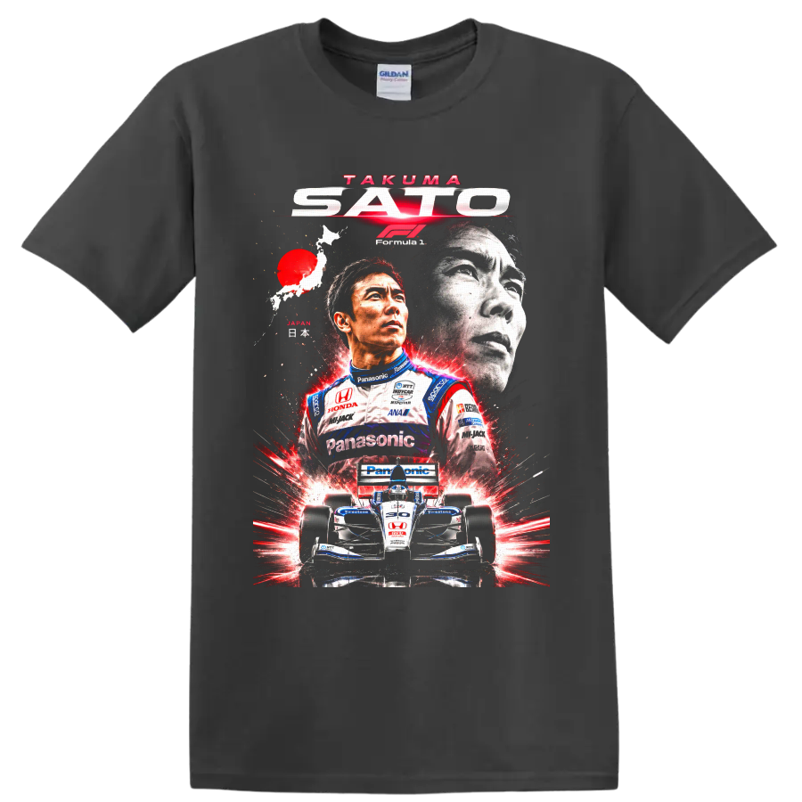 Takuma Sato racing collage with IndyCar number 30 car and Japanese map graphic on a Charcoal T Shirt