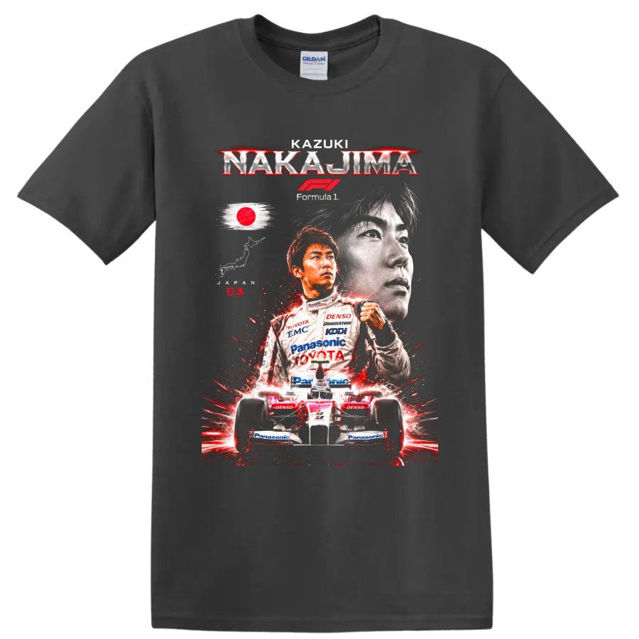 Kazuki Nakajima Toyota Formula 1 portrait and race car graphic with Japanese flag on a Charcoal T Shirt