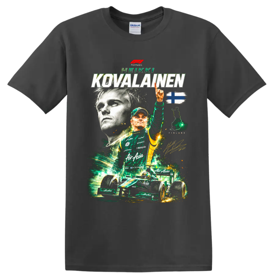 Heikki Kovalainen Formula 1 collage with green race car, Finland flag, and signature on a Charcoal T Shirt
