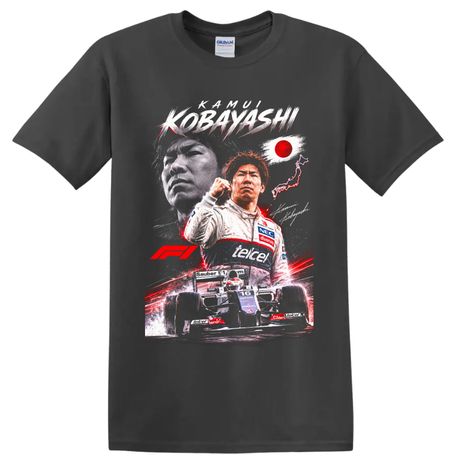 Kamui Kobayashi Sauber Formula 1 portrait and number 16 race car graphic on a Charcoal T Shirt