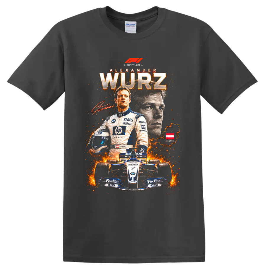 Alexander Wurz Williams Formula 1 racing collage with helmet, car, and Austria map on a Charcoal T Shirt