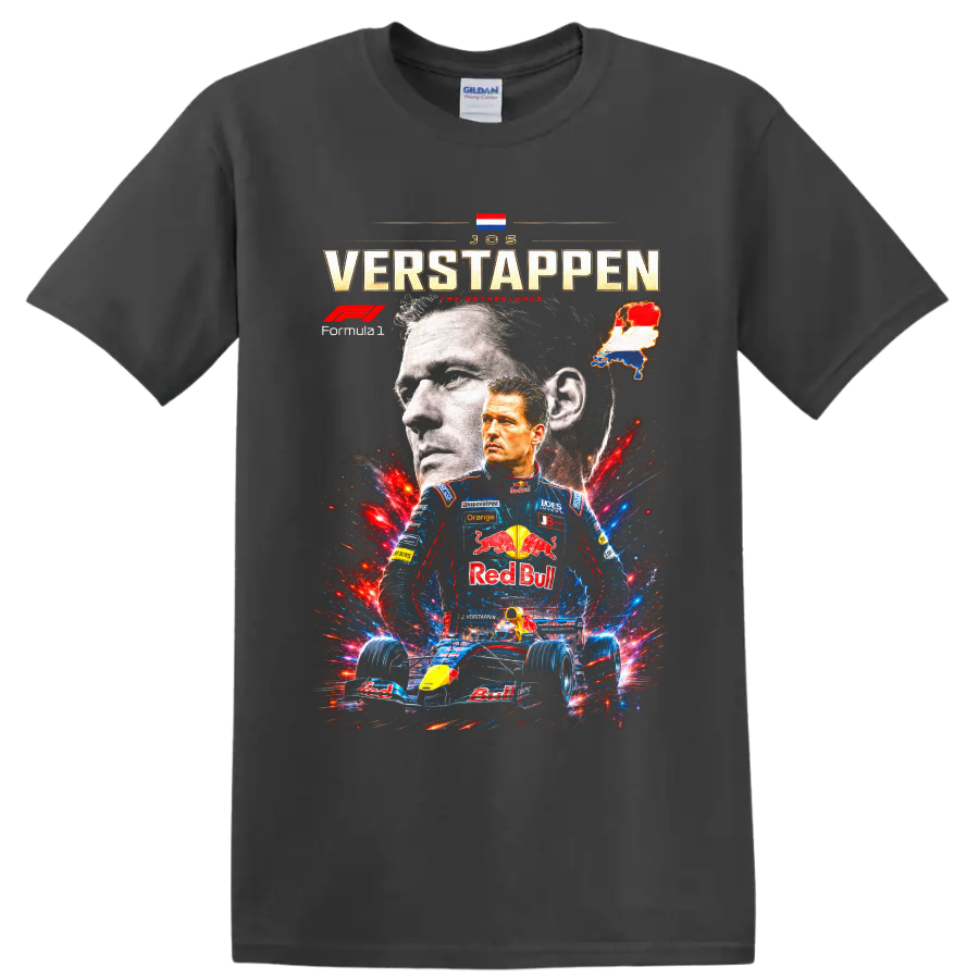 Jos Verstappen Formula 1 collage with portrait, Dutch map, and open-wheel race car on a Charcoal T Shirt