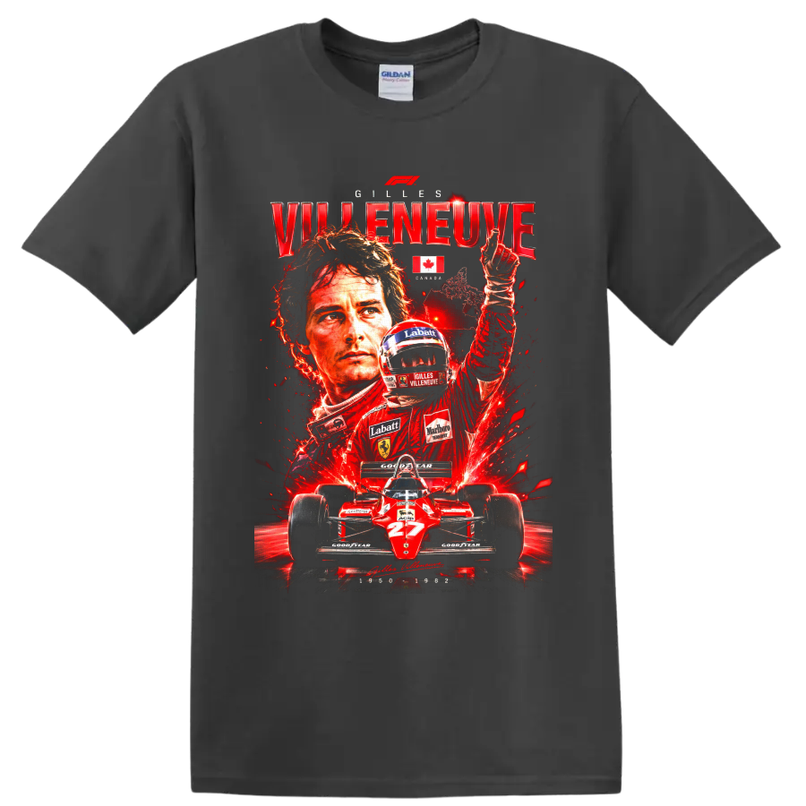 Gilles Villeneuve Ferrari number 27 Formula 1 racing tribute collage on a Charcoal T Shirt