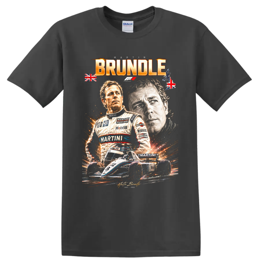 Dramatic Martin Brundle racing portrait collage with open-wheel car and BRUNDLE text on a Charcoal T Shirt