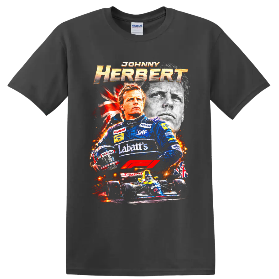 Johnny Herbert Formula 1 racing collage with Lotus suit, helmet, portrait, and race car on a Charcoal T Shirt