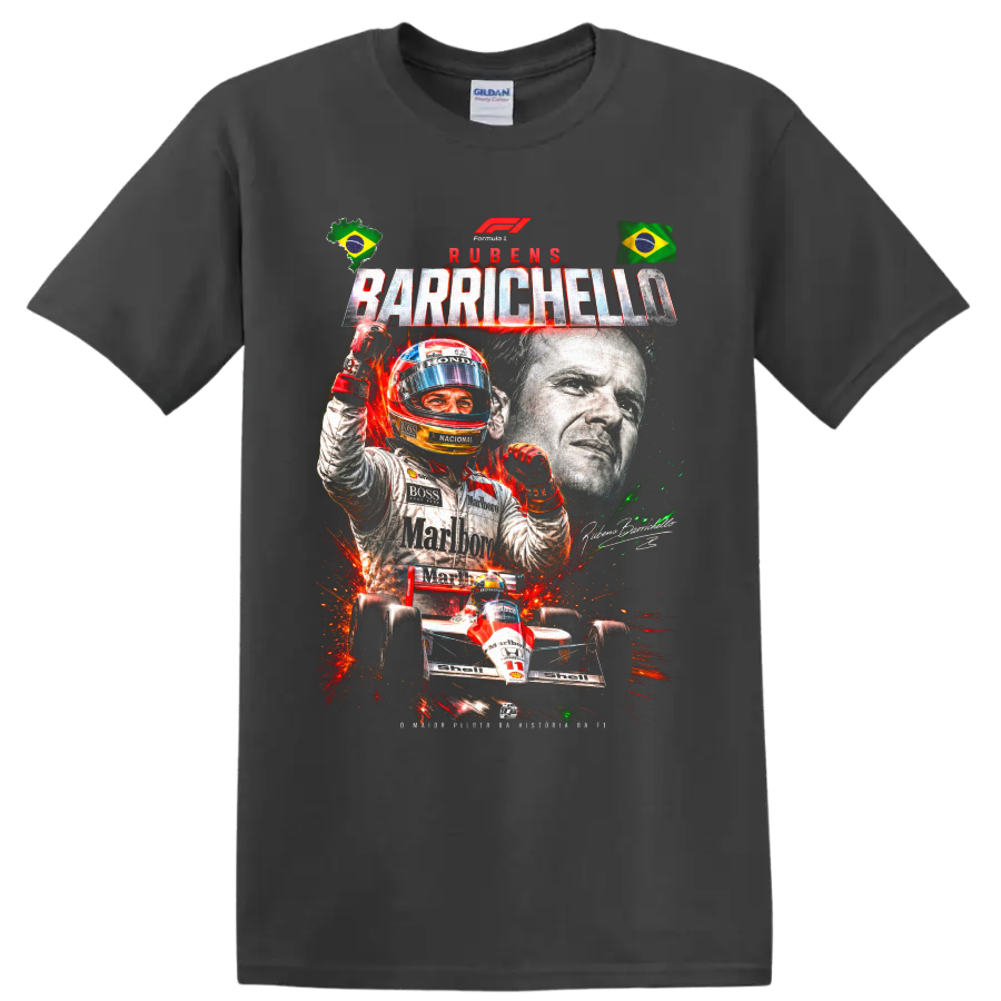 Rubens Barrichello racing collage with Brazilian flags, helmeted driver, and number 11 car on a Charcoal T Shirt