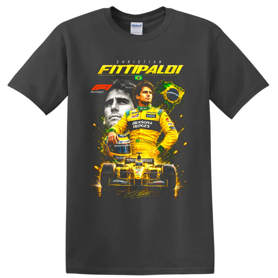 Christian Fittipaldi portrait with yellow open-wheel race car and Brazil-inspired graphics on a Charcoal T Shirt