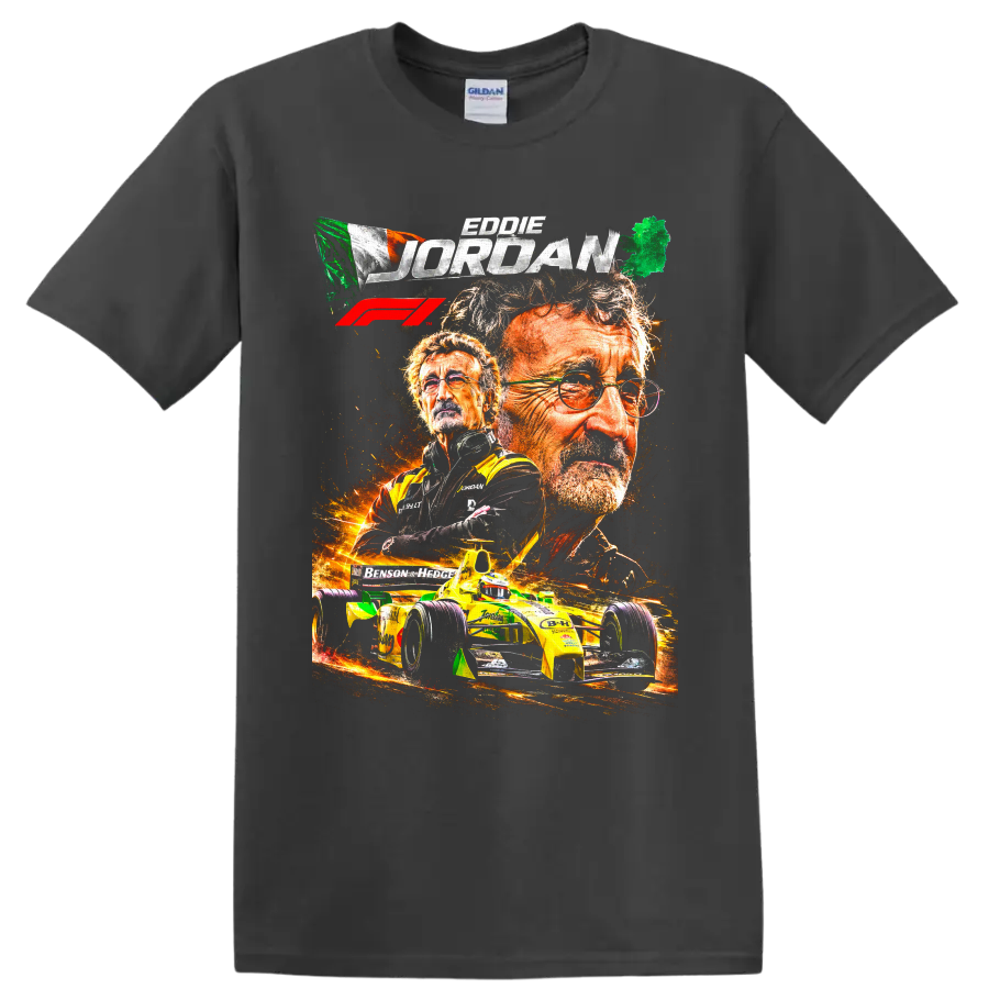 Eddie Jordan portrait collage with Irish flag, fiery Jordan Grand Prix race car, and F1 on a Charcoal T Shirt